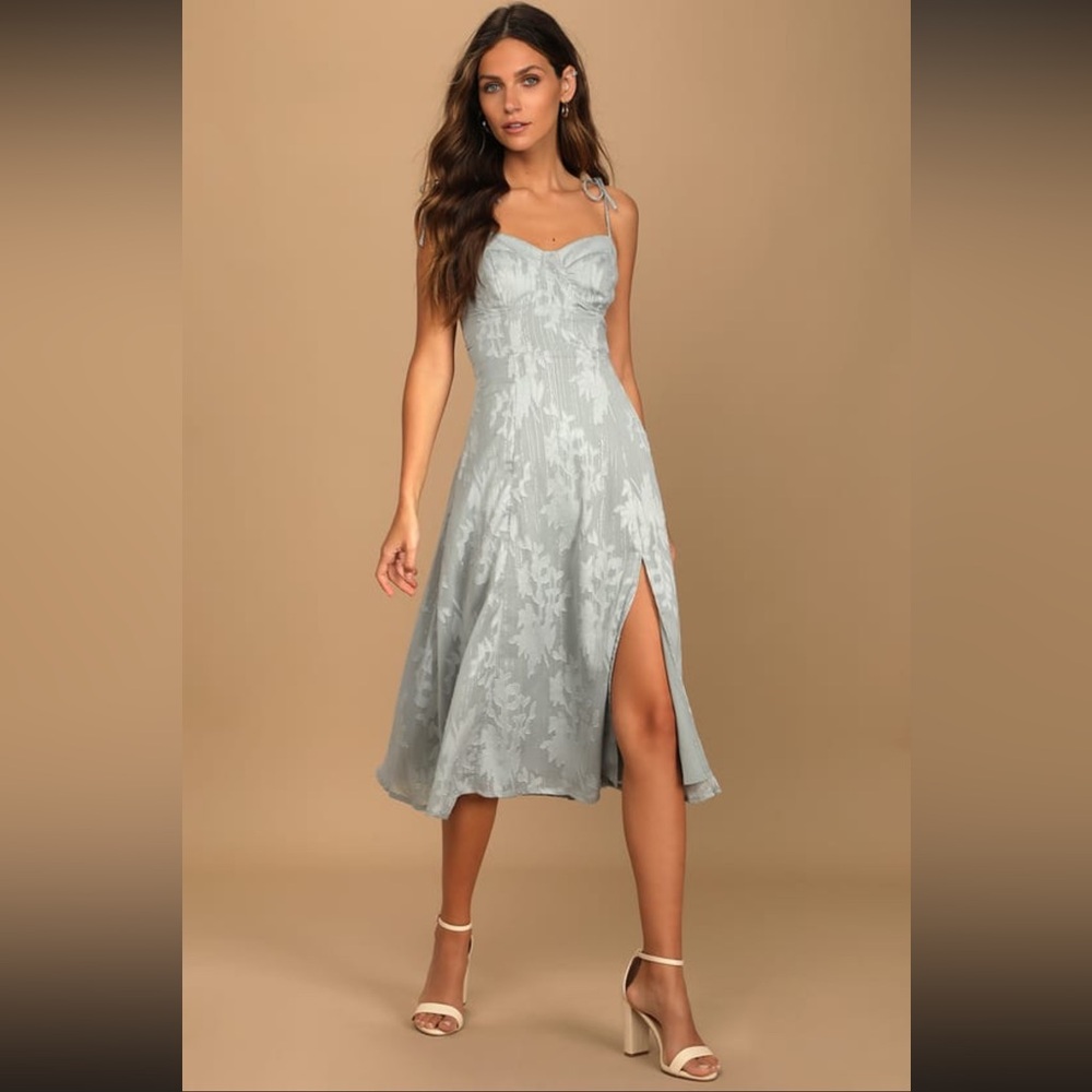 Loveliest Looks Dusty Blue Floral Jacquard Tie-Strap Midi Dress